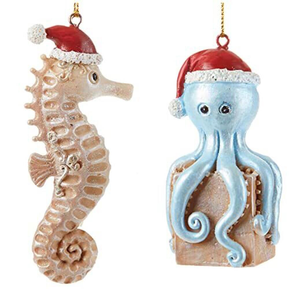 Beach Coastal Christmas Tree Ornaments, Octopus Seahorse in Santa Hats, Set of 2